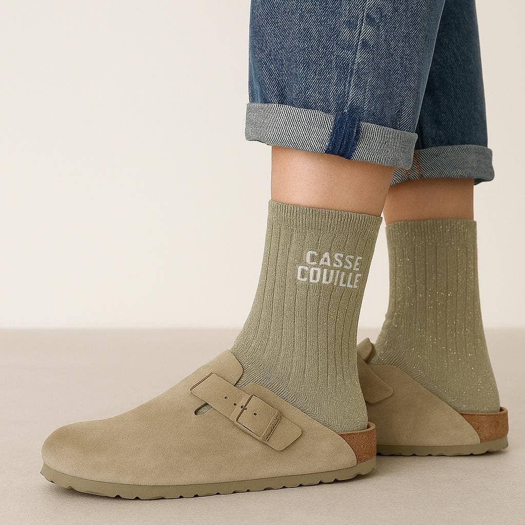 Chaussettes à Paillettes à Message "Casse Couille" Beige ChoO