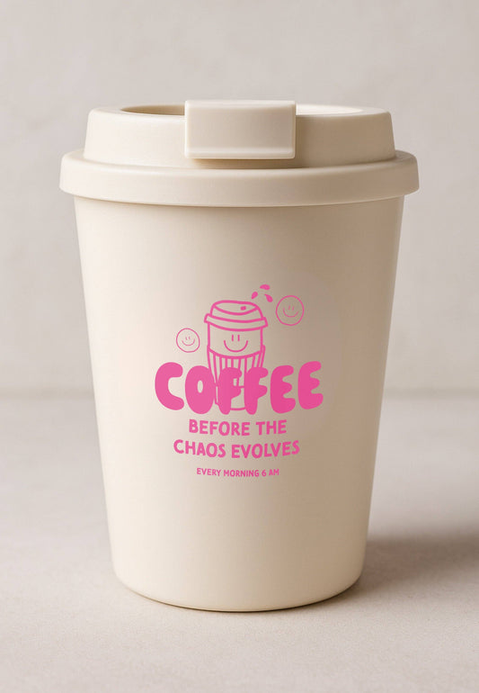 Gobelet à café à emporter « Coffee before Chaos » – Crème, 350 ml